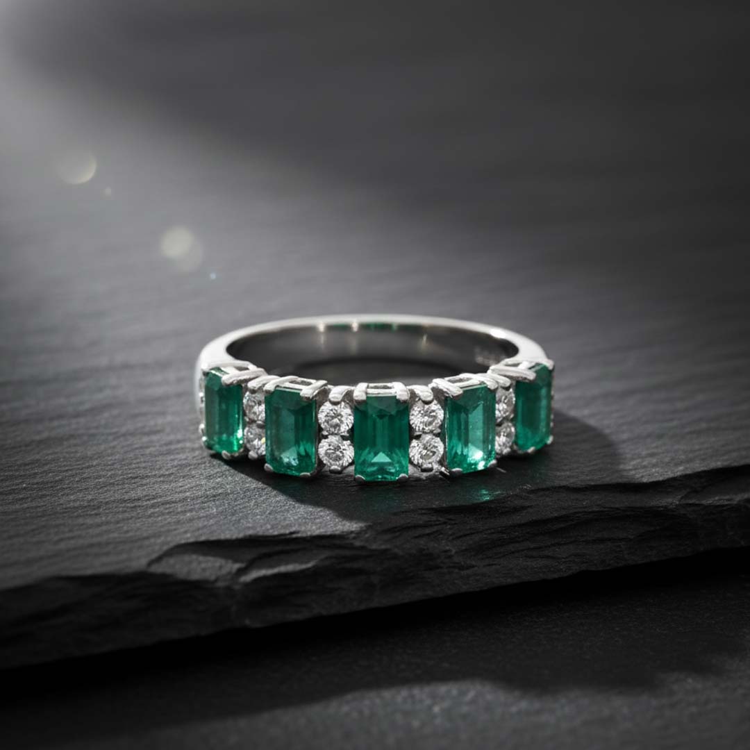 14KT White Gold Emerald Cut Emerald (1.75 cts) and Diamond (0.30 cts) Band Ring
