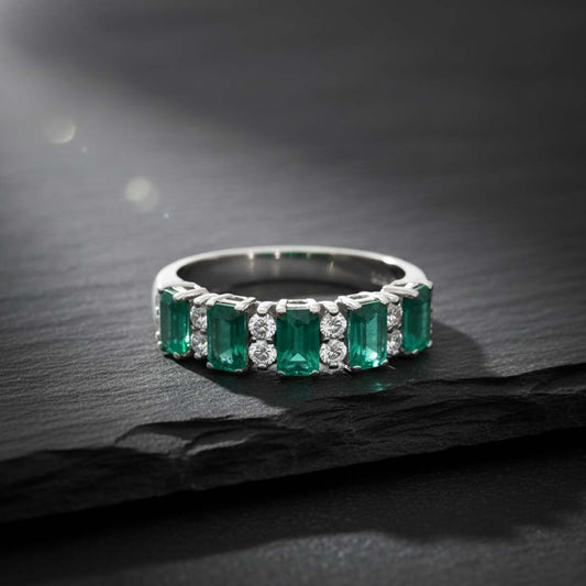 14KT White Gold Emerald Cut Emerald (1.75 cts) and Diamond (0.30 cts) Band Ring