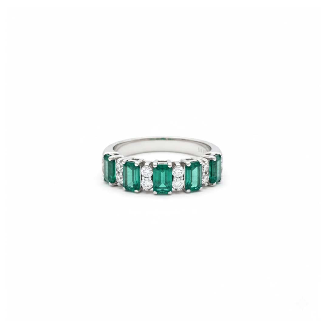 14KT White Gold Emerald Cut Emerald (1.75 cts) and Diamond (0.30 cts) Band Ring