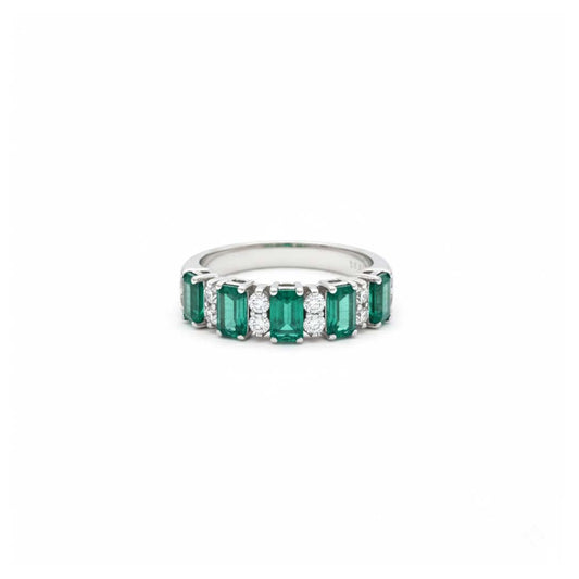14KT White Gold Emerald Cut Emerald (1.75 cts) and Diamond (0.30 cts) Band Ring