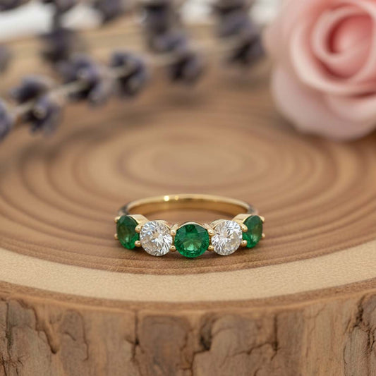 14KT Yellow Gold Round Cut Emerald (1.28 cts) and Diamond (1.07 cts) Alternating Band Ring