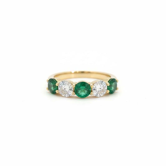 14KT Yellow Gold Round Cut Emerald (1.28 cts) and Diamond (1.07 cts) Alternating Band Ring