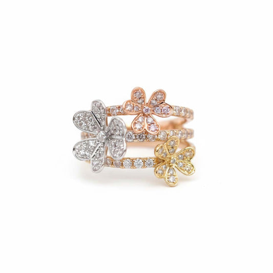 18K White, Yellow & Rose Gold Triple Flower Diamond Ring – 1.18ct Natural Diamonds