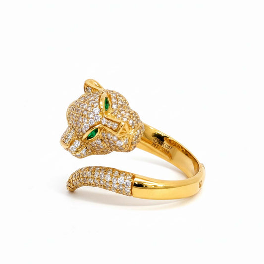 18K Gold Ladies’ Panther Diamond Statement Ring – 1.28ct Diamonds & 0.05ct Emerald Accents