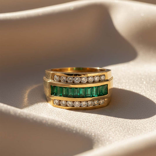 Men’s 14KT Yellow Gold Ring Featuring 1.35ct Baguette-Cut Emeralds and 0.61ct Diamonds