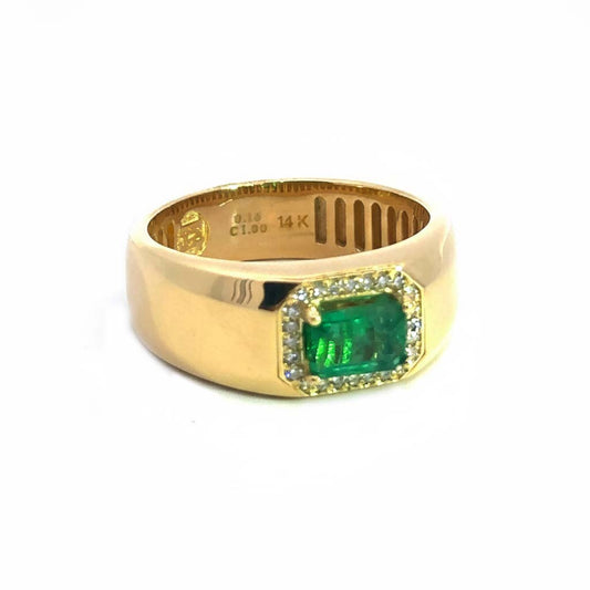 14KT Yellow Gold Men’s Ring Featuring 1.00ct Radiant Emerald-Cut Emerald and 0.16ct Diamonds"