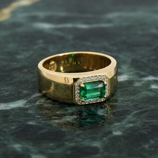 14KT Yellow Gold Men’s Ring Featuring 1.00ct Radiant Emerald-Cut Emerald and 0.16ct Diamonds"