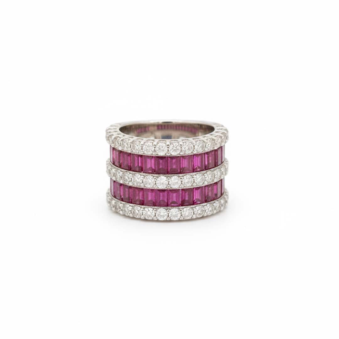 14KT White Gold Triple-Row Ruby and Diamond Band Ring (RB 4.54 cts / DIA 1.99 cts)