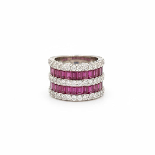 14KT White Gold Triple-Row Ruby and Diamond Band Ring (RB 4.54 cts / DIA 1.99 cts)