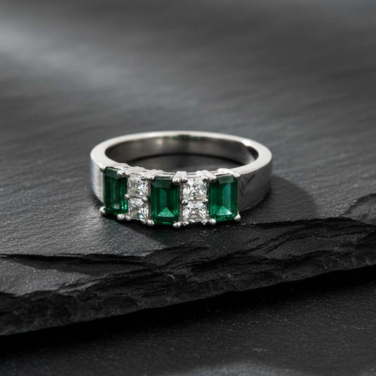 14KT WG Ring with 0.97 CT Emerald-Cut Emerald and 0.35 CT Total Diamond Weight