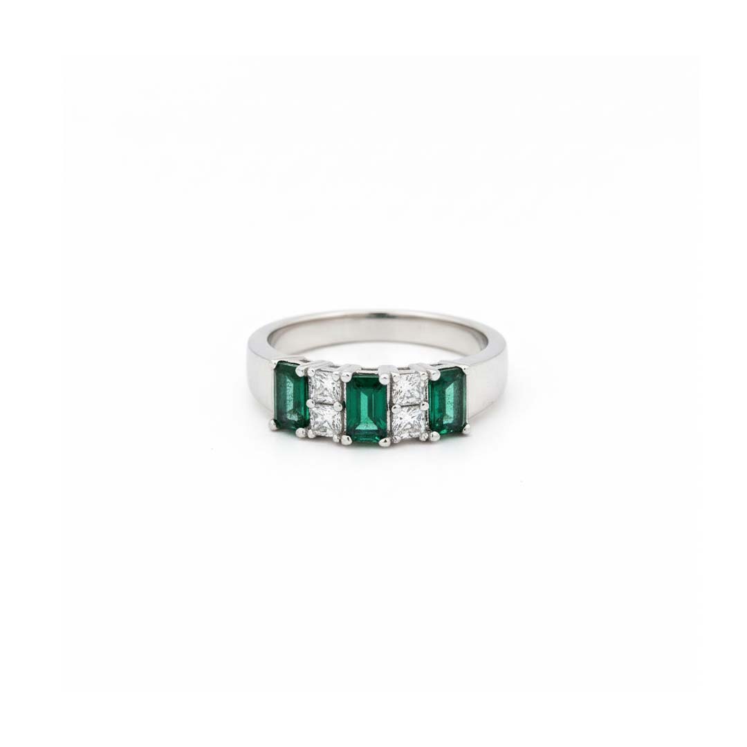 14KT WG Ring with 0.97 CT Emerald-Cut Emerald and 0.35 CT Total Diamond Weight
