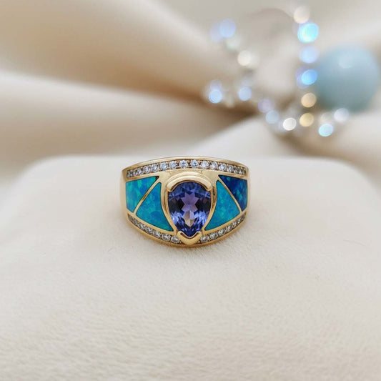 Pear-Cut Tanzanite Ring | 1.37 ct Tanzanite with Opal Inlay and Channel-Set Diamonds in 14K Yellow Gold