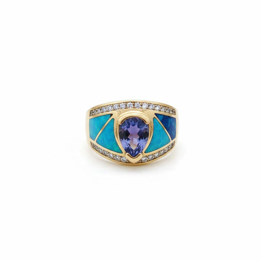 Pear-Cut Tanzanite Ring | 1.37 ct Tanzanite with Opal Inlay and Channel-Set Diamonds in 14K Yellow Gold