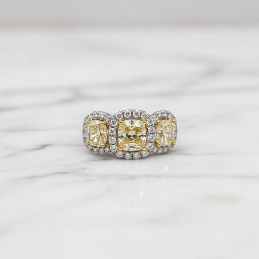 18KT Gold Fancy Yellow & White Diamond Three-Stone Ring – 4.74 Cts Tota