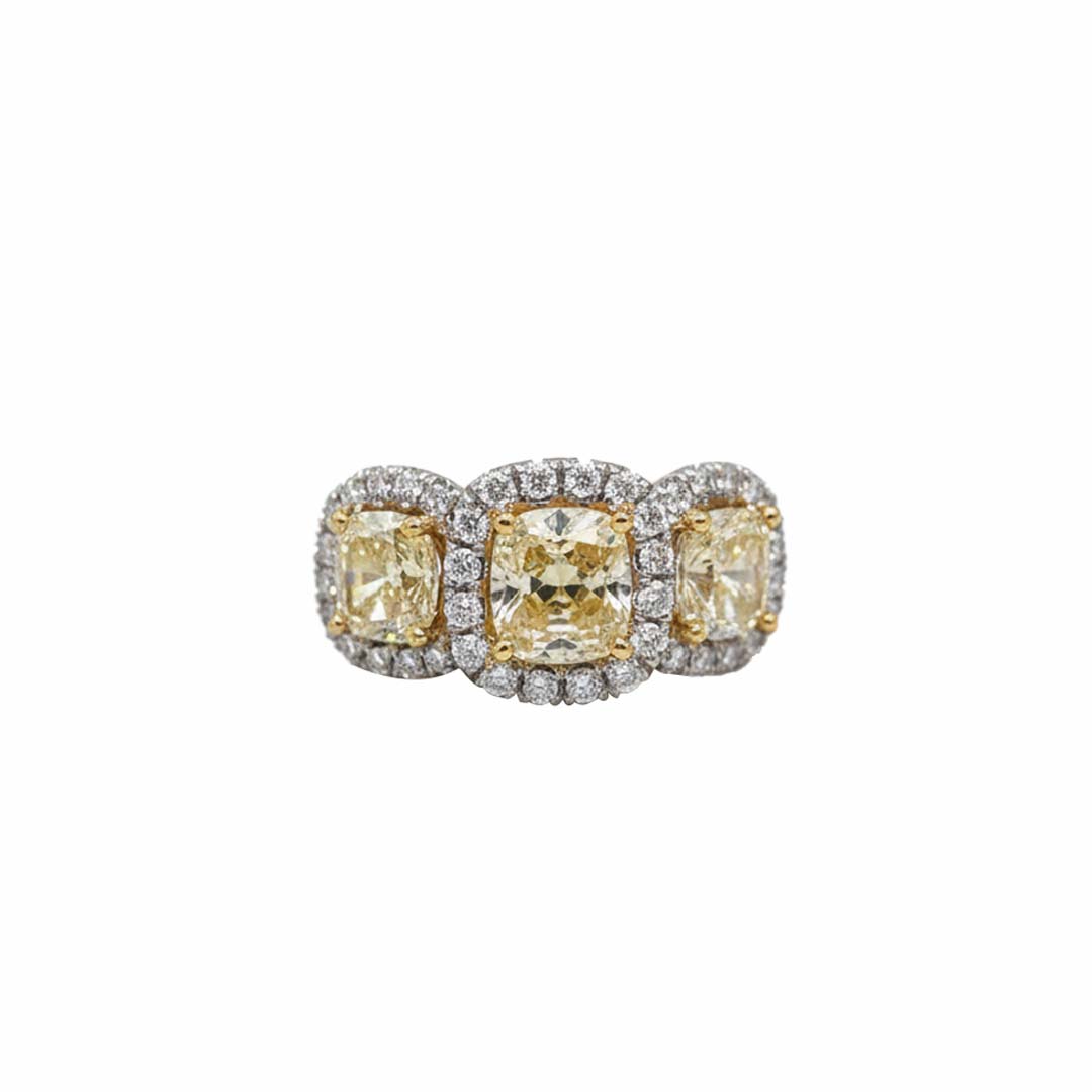 18KT Gold Fancy Yellow & White Diamond Three-Stone Ring – 4.74 Cts Tota