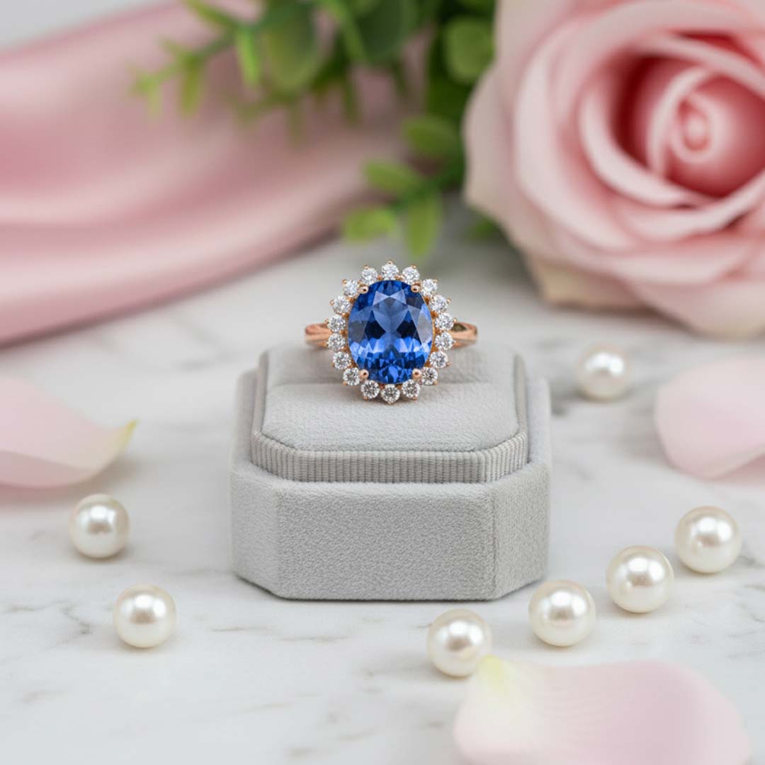 14KT Tanzanite and Diamond Ring – 4.90ct Tanzanite with 0.81ct Diamond Halo