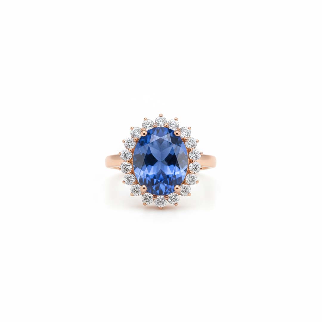 14KT Tanzanite and Diamond Ring – 4.90ct Tanzanite with 0.81ct Diamond Halo