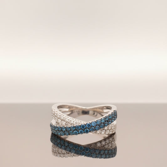 14K White Gold Ring with 0.56 CT Blue Diamonds & 0.44 CT White Diamonds – Twisted Design