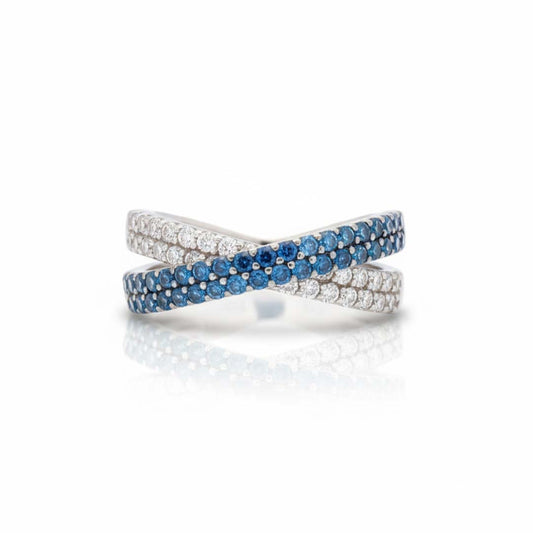 14K White Gold Ring with 0.56 CT Blue Diamonds & 0.44 CT White Diamonds – Twisted Design