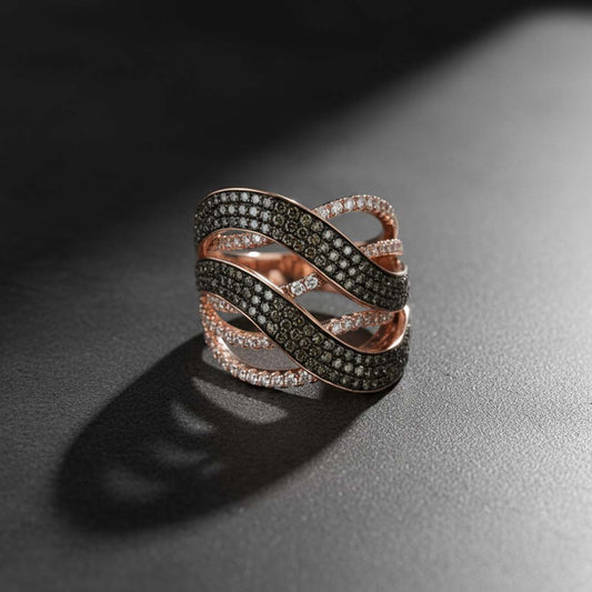 14KT Rose Gold Wave Design Ring with 0.99ct Cognac Diamonds & 0.48ct White Diamonds