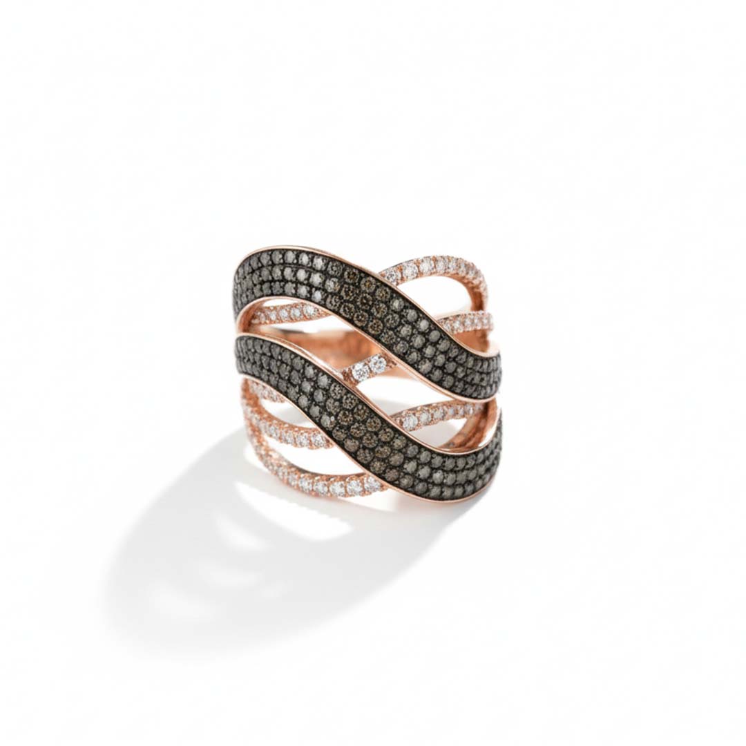 14KT Rose Gold Wave Design Ring with 0.99ct Cognac Diamonds & 0.48ct White Diamonds