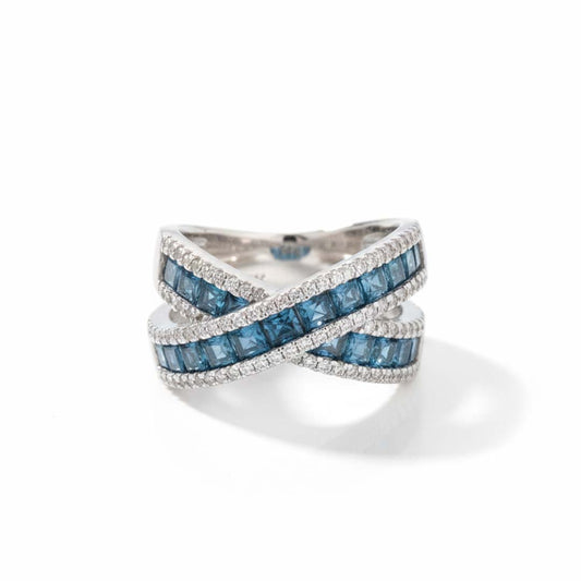 14K Gold 2.30 CT Blue and 0.45 CT White Diamond Channel-Set Crossover Band