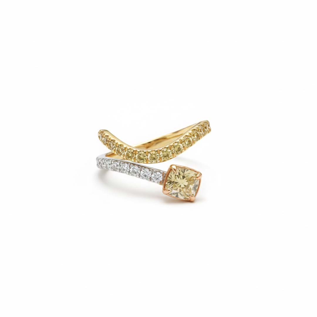 14KT Gold Fancy Yellow Diamond Bypass Ring | 1.20ct Center with 0.19ct Pavé Side Diamonds
