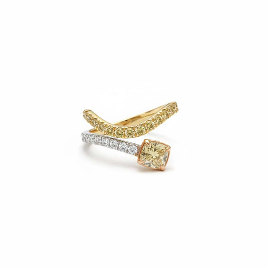 14KT Gold Fancy Yellow Diamond Bypass Ring | 1.20ct Center with 0.19ct Pavé Side Diamonds