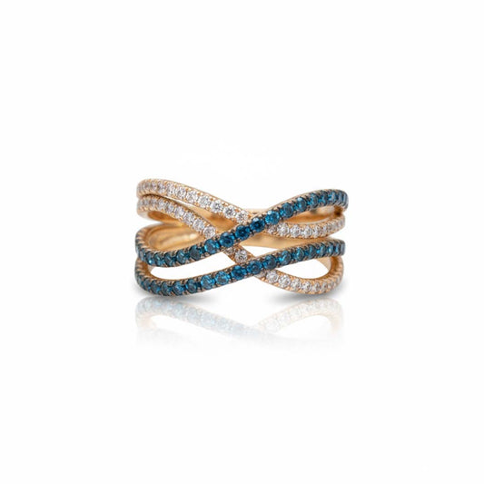 Modern 14K White Gold 0.45 CT Blue and 0.30 CT White Diamond Interlaced Ring