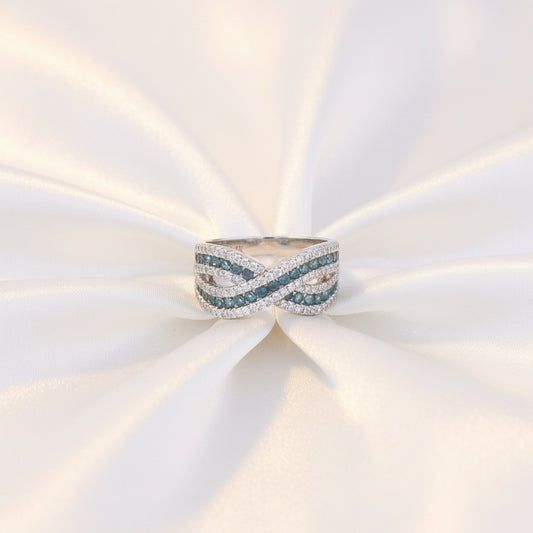14K White Gold Blue & White Diamond Infinity Crossover Ring – 1.33 Total Carats of Timeless Elegance