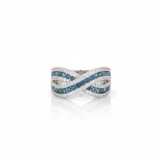 14K White Gold Blue & White Diamond Infinity Crossover Ring – 1.33 Total Carats of Timeless Elegance