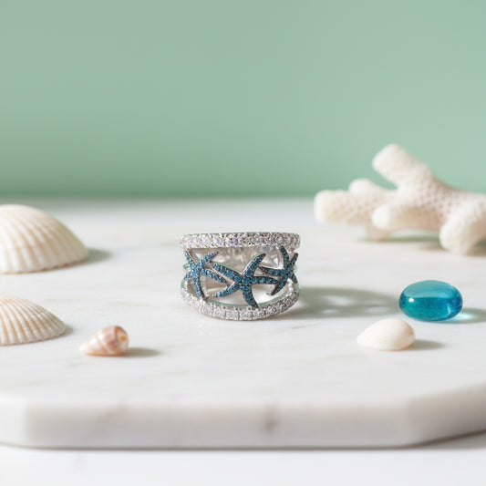 14K White Gold Ring with 0.33 CT Blue Diamonds & 0.68 CT White Diamonds – Starfish Design