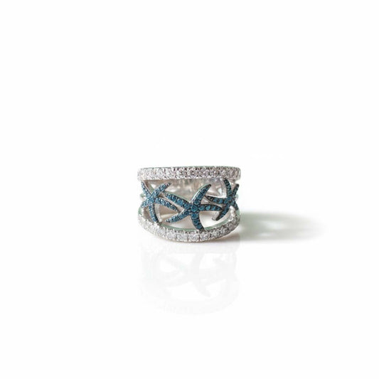 14K White Gold Ring with 0.33 CT Blue Diamonds & 0.68 CT White Diamonds – Starfish Design