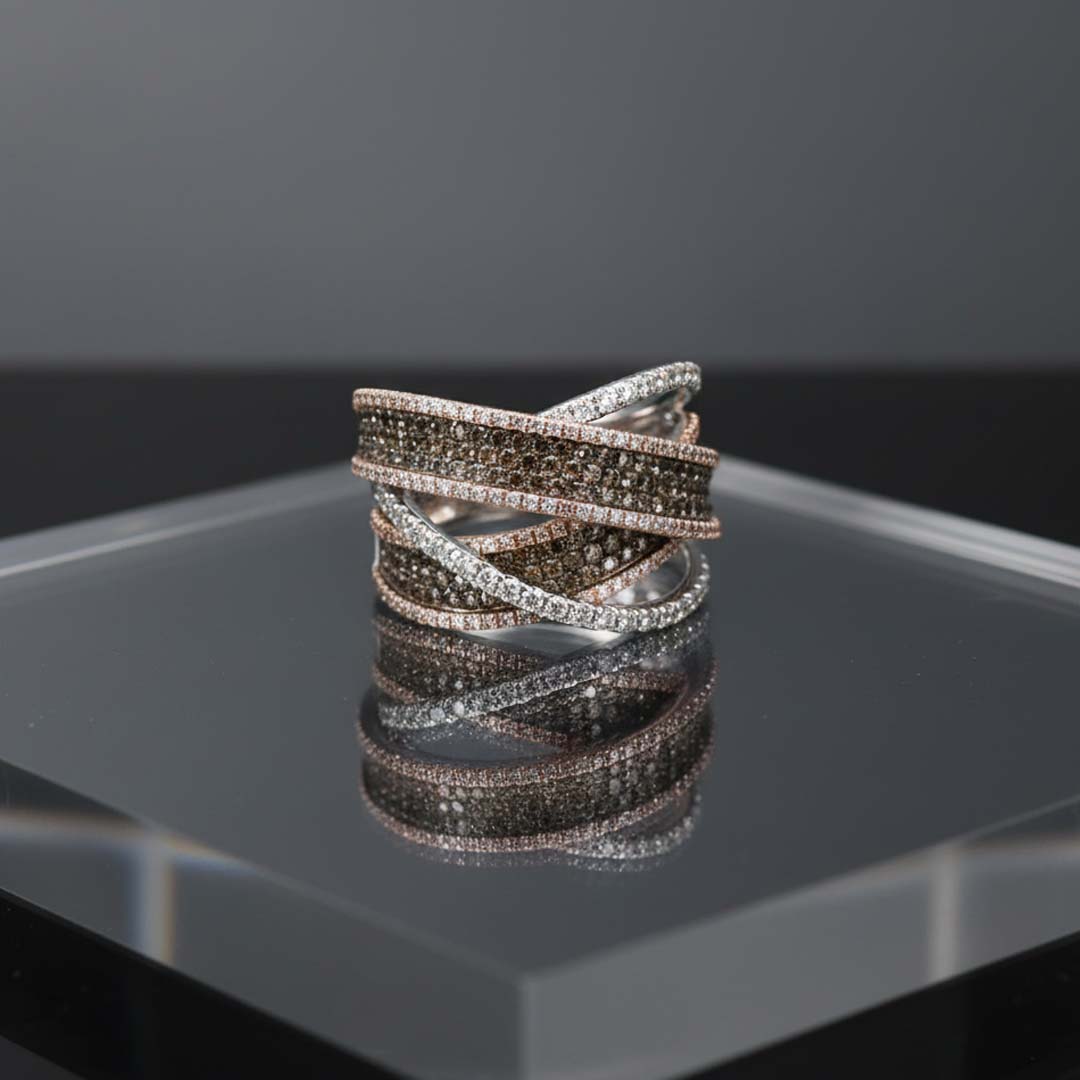 Dual-Tone 14K White and Rose Gold Ring with Cognac & White Diamonds – Modern Elegance