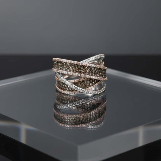 Dual-Tone 14K White and Rose Gold Ring with Cognac & White Diamonds – Modern Elegance
