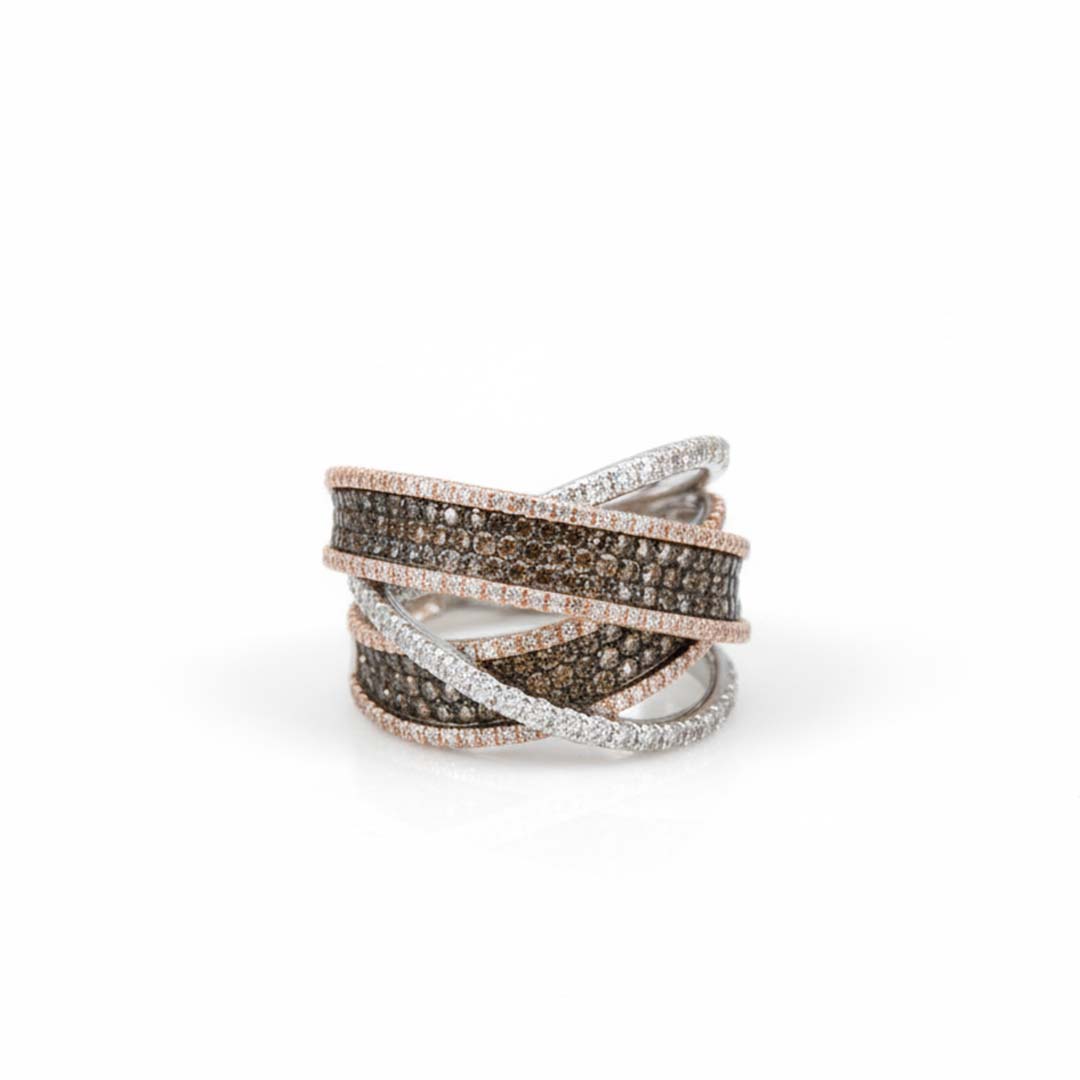 Dual-Tone 14K White and Rose Gold Ring with Cognac & White Diamonds – Modern Elegance