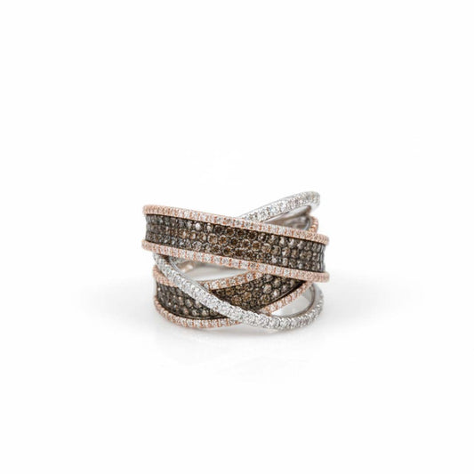 Dual-Tone 14K White and Rose Gold Ring with Cognac & White Diamonds – Modern Elegance