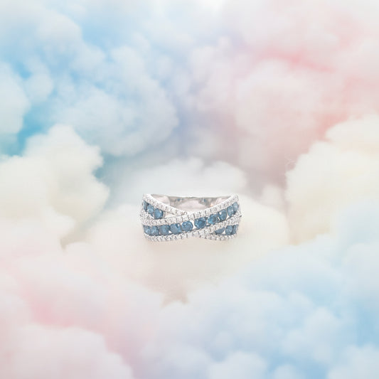 14K White Gold Ring with 1.00 CT Blue Diamonds & 0.37 CT White Diamonds – Intertwined Design