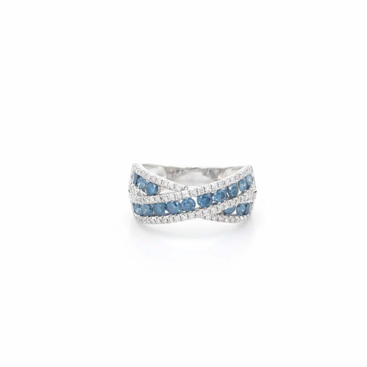 14K White Gold Ring with 1.00 CT Blue Diamonds & 0.37 CT White Diamonds – Intertwined Design
