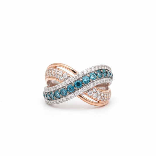 14K Gold 2.00 CT Blue and White Diamond Ring – Crossover Design with Rose Gold Accents