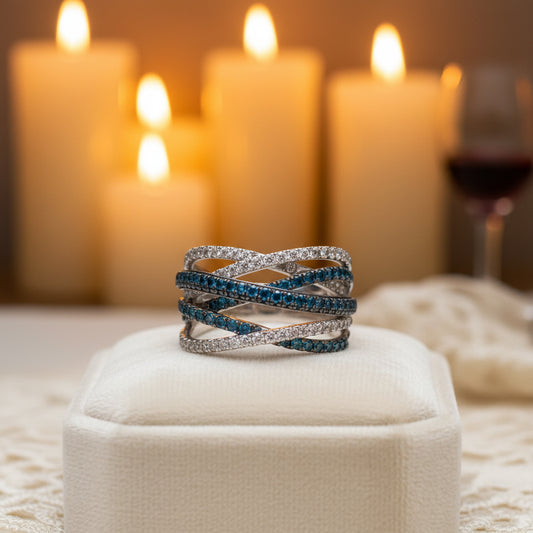 14K White Gold Crisscross Diamond Ring with 0.63 CT Blue and 0.57 CT White Stones