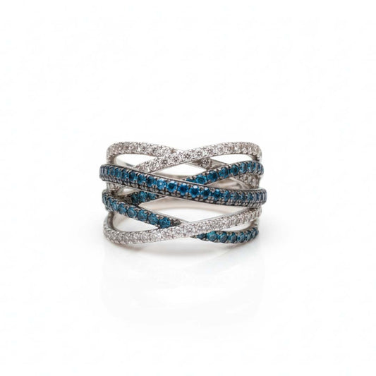 14K White Gold Crisscross Diamond Ring with 0.63 CT Blue and 0.57 CT White Stones