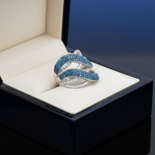 14K White Gold Blue & White Diamond Wave Crossover Ring – 1.40 Total Carats of Modern Elegance