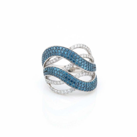 14K White Gold Blue & White Diamond Wave Crossover Ring – 1.40 Total Carats of Modern Elegance