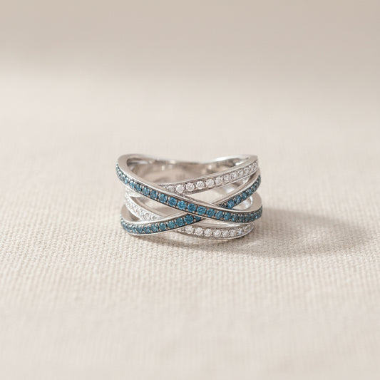 14K White Gold 0.68 CT Blue & White Diamond Crossover Band Ring