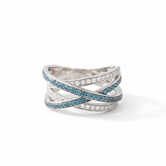 14K White Gold 0.68 CT Blue & White Diamond Crossover Band Ring