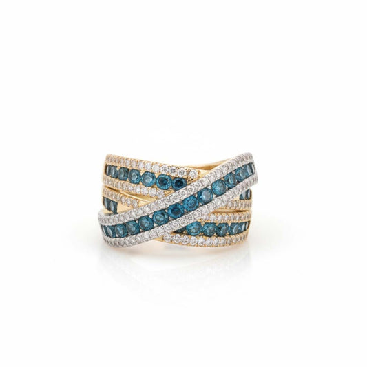 14K Gold Blue & White Diamond Crossover Ring – 1.61 Total Carats of Timeless Elegance