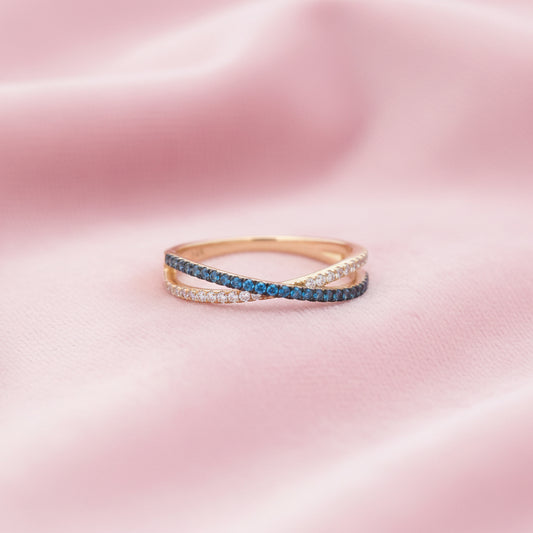14K Yellow Gold Blue & White Diamond Crossover Ring – 0.30 Total Carats of Refined Elegance