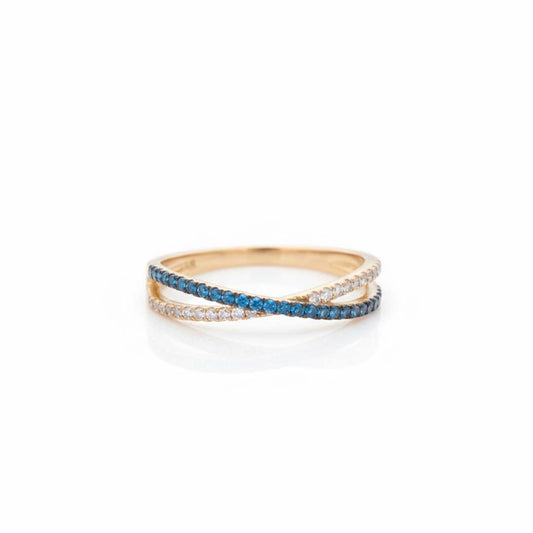 14K Yellow Gold Blue & White Diamond Crossover Ring – 0.30 Total Carats of Refined Elegance