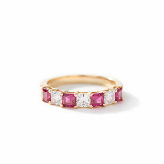 14KT Yellow Gold Ruby & Princess-Cut Diamond Band Ring (RB: 1.41 CTS | DIA: 0.78 CTS)